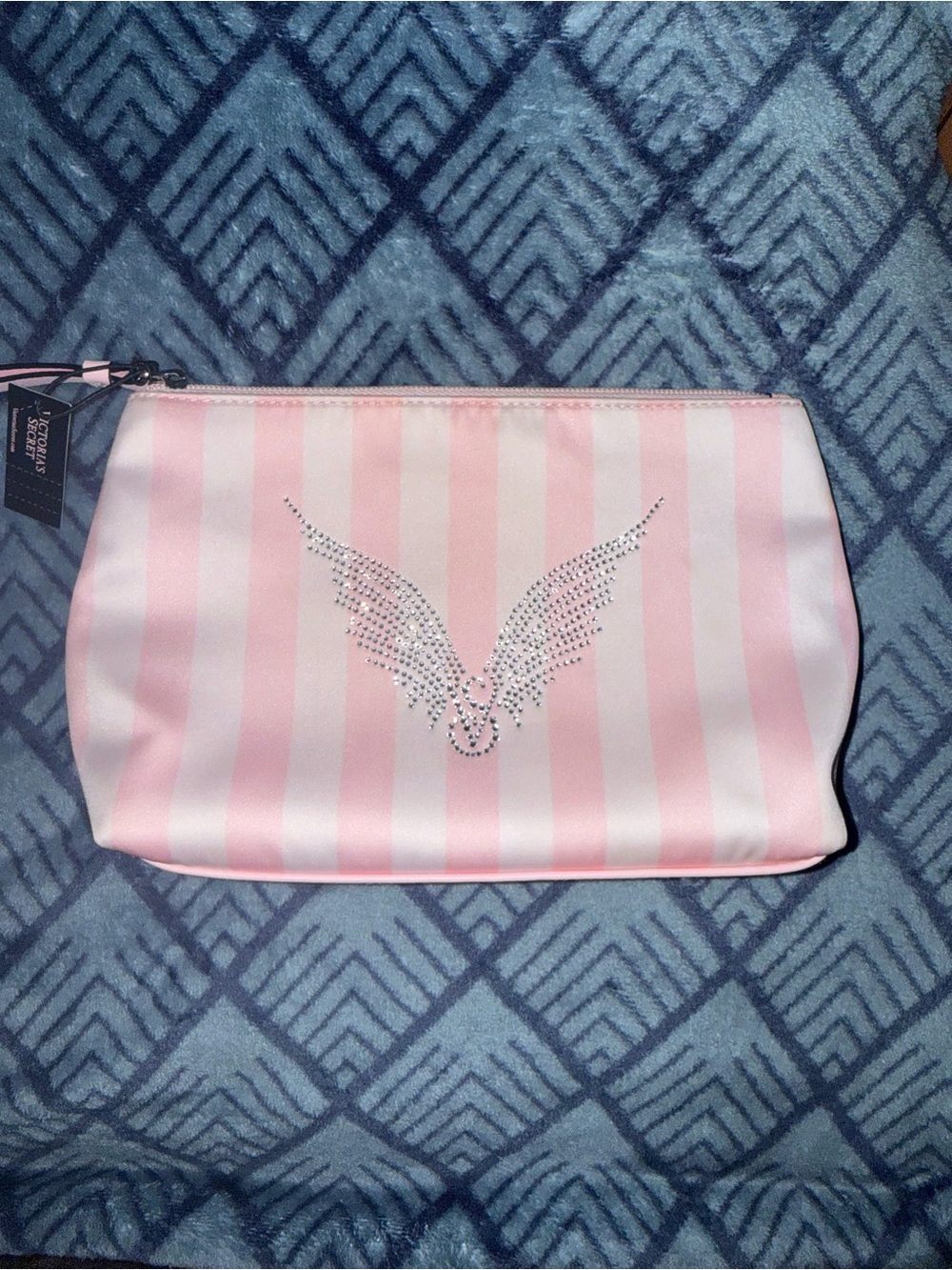 Victoria's Secret Pink & White Striped Cosmetic Bag with Crystal Wing Accent